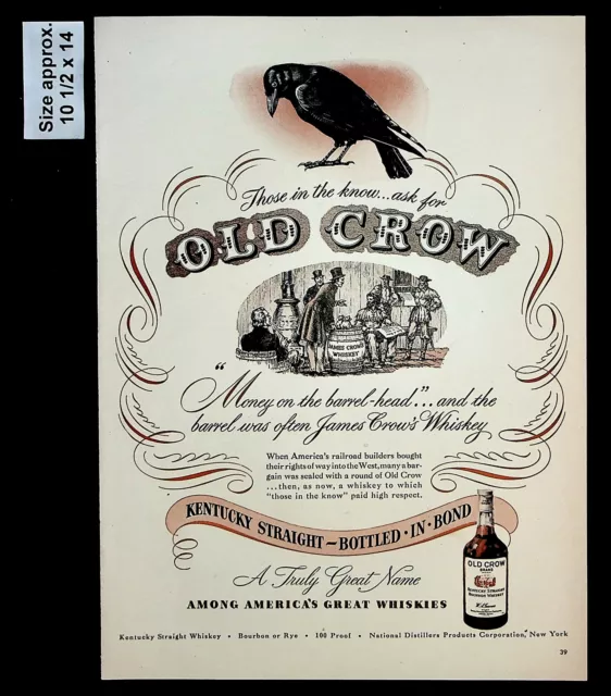 1947 Old Crow Bourbon Whiskey Black Bird Kentucky  Vintage Print Ad 31391