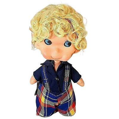 Vtg 1960s Herman Pecker 9" Doll with Ball Jointed Head, Blond Hair Plaid overall