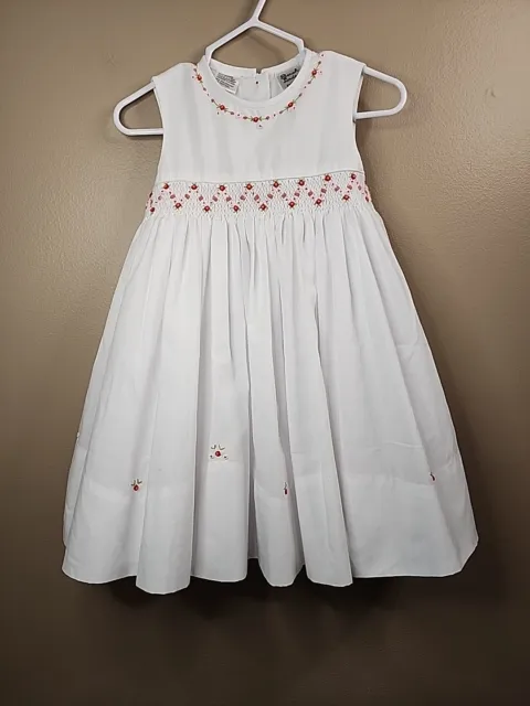 Beautiful Sarah Louise Baby White Smocked Red Embroidered Dress Sz 18 M