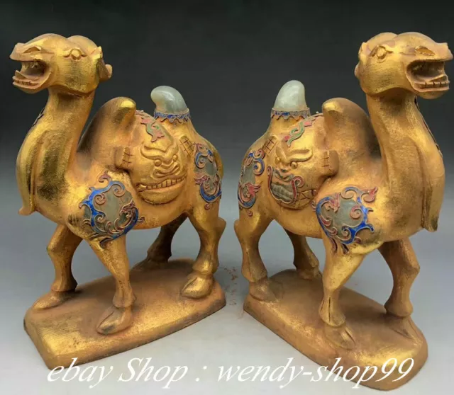 10" Old China Hetian Jade 24K Gold Gems Cloisonne Camel llama luck Statue Pair