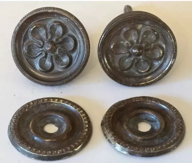 Pair Of Antique Brass Decorated Knob Handles With Back Plates