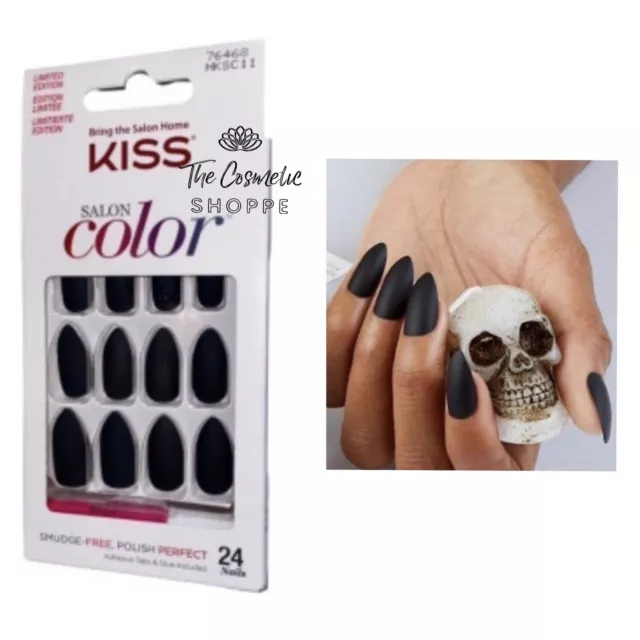 KISS Salon Color Matte Black Glue On Stiletto Shape Medium Length Nails x1