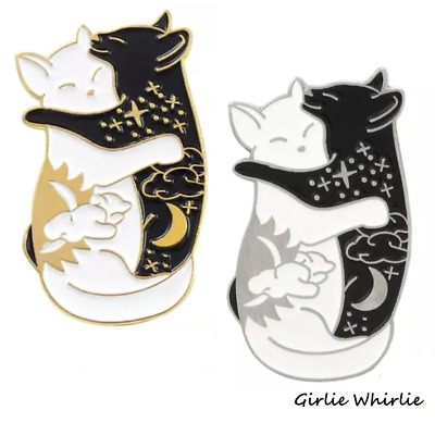 Cat Pin Badge Brooch Enamel Gift Jewellery Cat Lover Black White Ladies Yin Yang