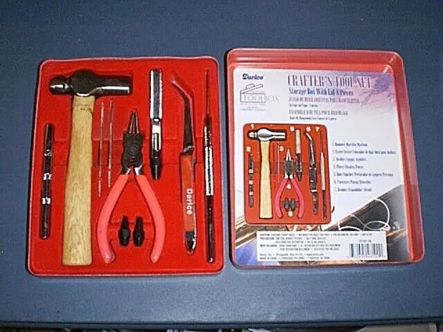 DARICE Crafter's Tool Set Box and 7 Tools Hammer, Pliers, Hole Puncher, Reamer +