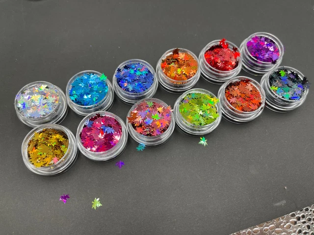 12x Hoja de Arce Arte en Uñas Colores Brillos Escamas Hojas Otoño 3 ml Olla