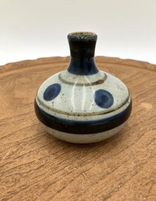 Vintage Small Otagiri Japan 3” Bud Vase Blue & Brown Stripes Dots OMC