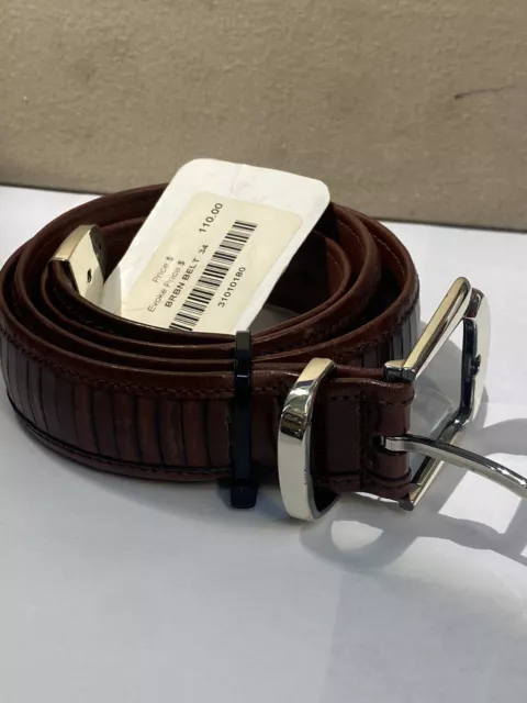 Mezlan Men's Belt Textured Leather Brown Size 34 Ribbed Silver Hardware Spain