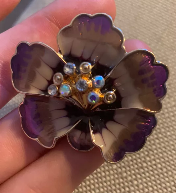 Anne Klein Gold Tone Purple Enameld Pansy Flower Brooch Pin Rhinestones Enamel