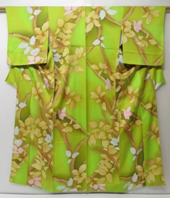 2211T09z890  Japanese Kimono Silk KOMON Flower Yellow green