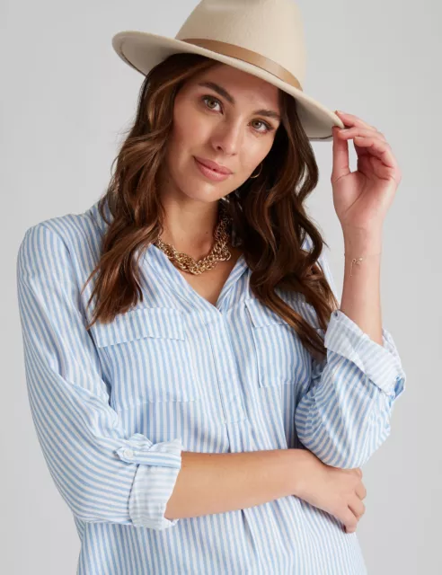 AU 8 - KATIES - Womens Tops -  Long Sleeve Rolled To 3/4 Pocket Trim Shirt