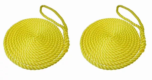 2 x 10 MTS OF 14MM YELLOW SOFTLINE MOORING ROPES / WARPS / LINES BOATS