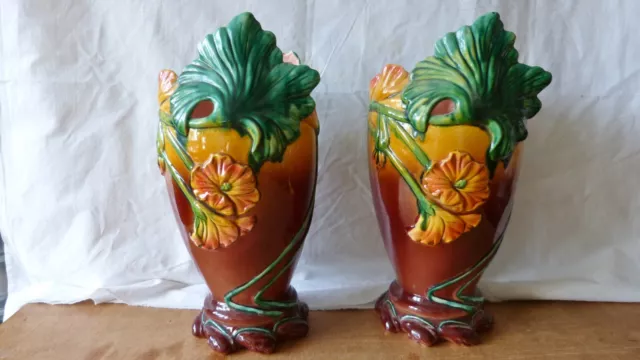Paire De Vases Anciens En Barbotine Art Nouveau Fleurs 34Cm Haut