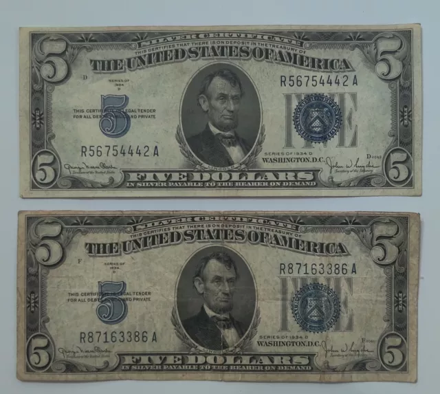2x LOT of 1934D Five Dollar Blue Seal Note Silver Certificate $5 Old US Bill