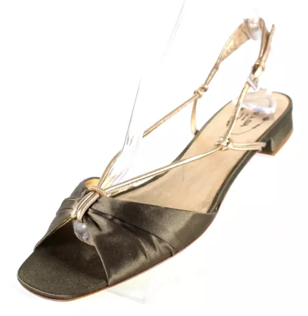 PRADA Olive Green Satin & Gold Leather Strappy Flats Sandals 40.5