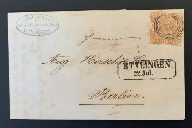 Brief Baden 9 Kr., Mi.Nr. 15a, von Ettlingen nach Berlin, interessante Stempel