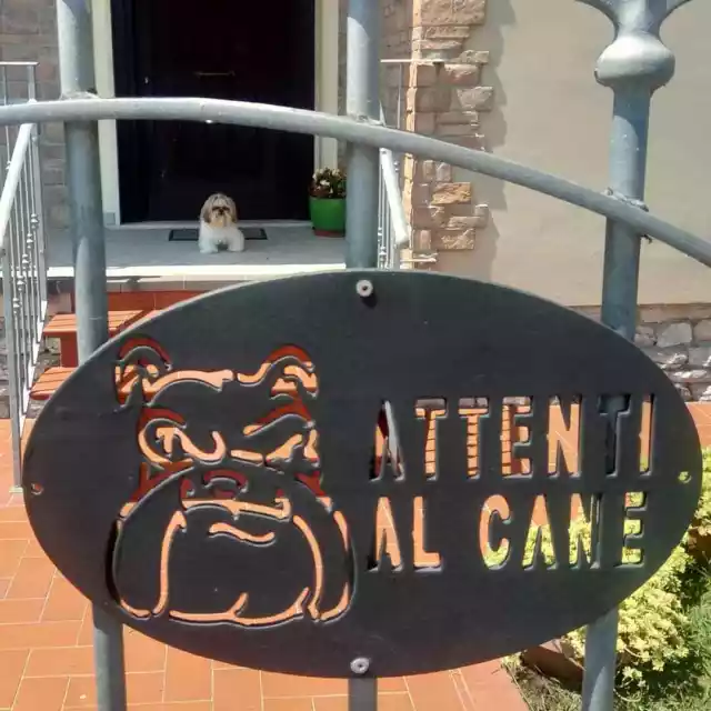 Targa Targhetta Cartello "ATTENTI AL CANE" in ferro . Disegno Laser Bulldog 1750