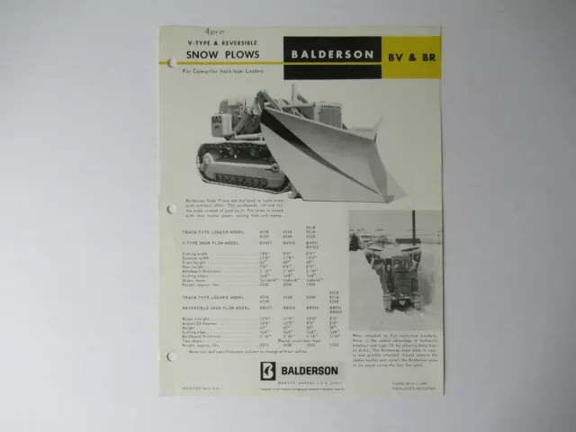 1968 CAT Caterpillar 977 Balderson BV BR snow plow specification sheet brochure