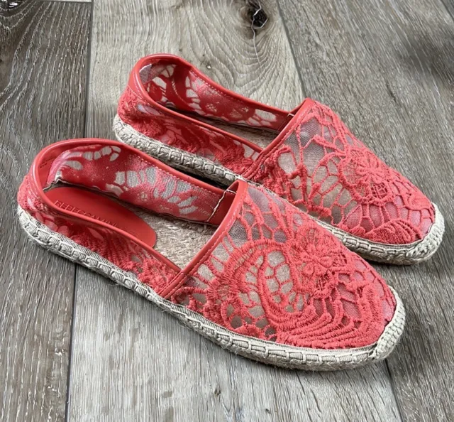REBECCA MINKOFF Sz 6.5 Genny Lace Floral Espadrille Coral Flower Hot Red Flats