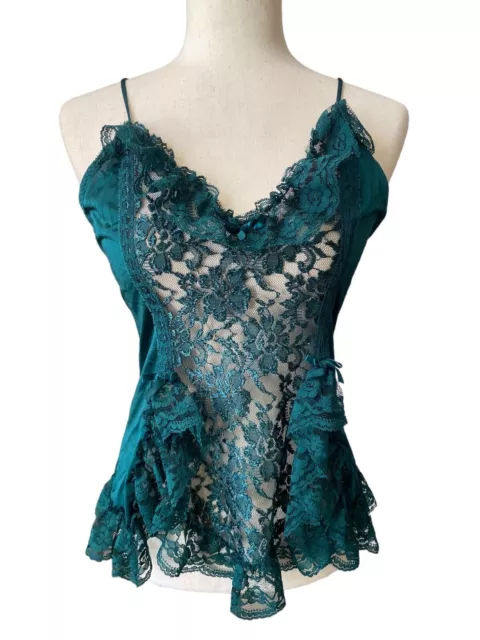 Green Short Chemise Negligee Nightie Sheer Lace Medium Ruffled Gothic Vintage