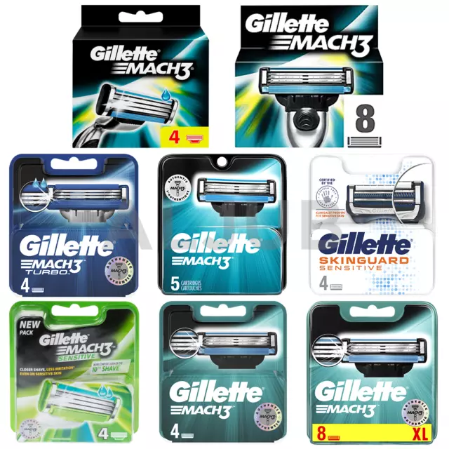 Gillette Mach3 Turbo Skinguard  Sensitive 4 Or 8 Blades 100% Genuine Uk