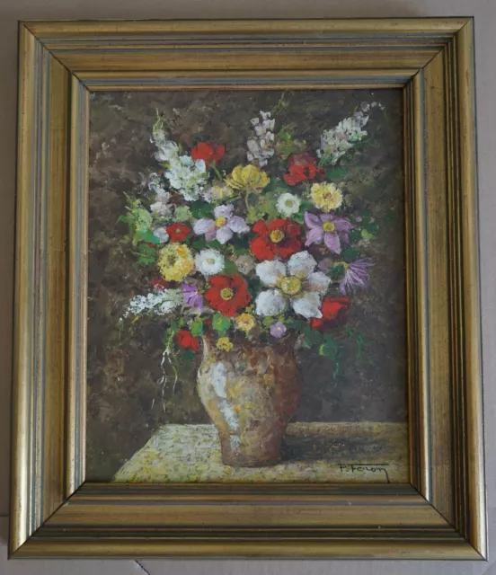 Bouquet de Fleurs. Huile sur isorel signé Paul Foron. École du XXe siècle