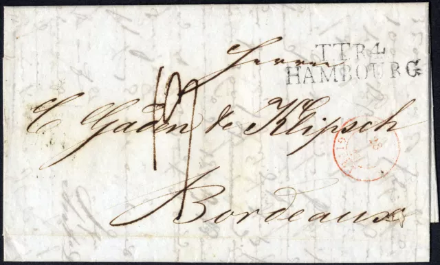 Hamburg; "HAMBURG", L2 "TTR4 HAMBOURG" nebst Transitstpl., Brief 1840, Bordeaux