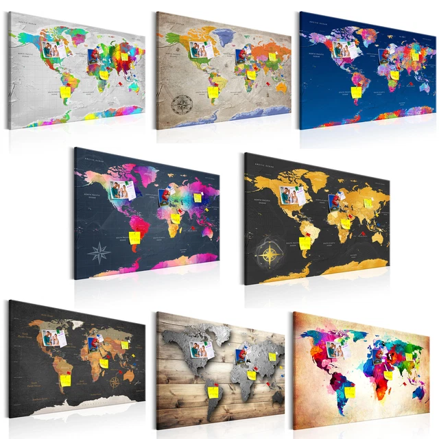 Tableau Décoratif Carte Du Monde Sur Toile Et Liège - Style Moderne - Réf. K-A-0128-v-a