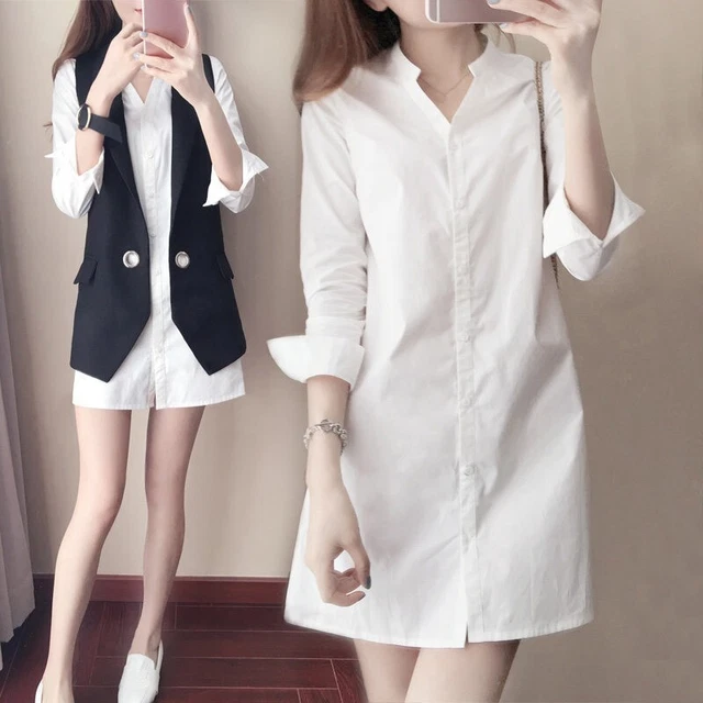 Donna Mini Vestito Camicia Stand Colletto Scollo V Maniche Lunghe con Bottoni