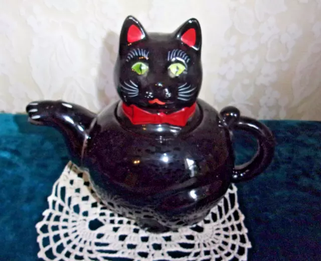 1950’s Shafford Redware Black Cat With Red bow Glazed 5.25 Inch Teapot w/Label