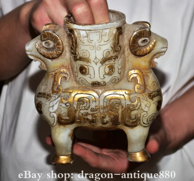 6.8" Old Chinese White Jade Gild Carved Fengshui 12 Zodiac 2 Head Sheep Wine Cup