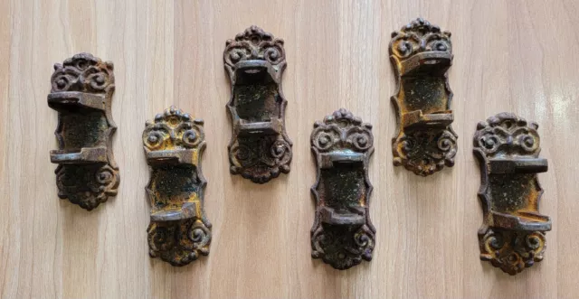 Antique Vtg Old Bracket Lot Of 6 Cast Iron Ornate Victorian Wall Mount Oil Lamp