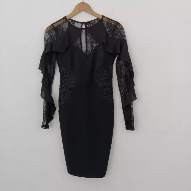 Lipsy London Bodycon Dress Black Size 8 Ruffle Lace Trim Long Sleeve Women's New