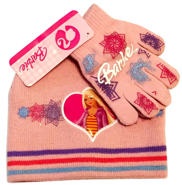 Barbie Girls Beanie Knit Hat and Gloves Pink 2 Piece Set 2