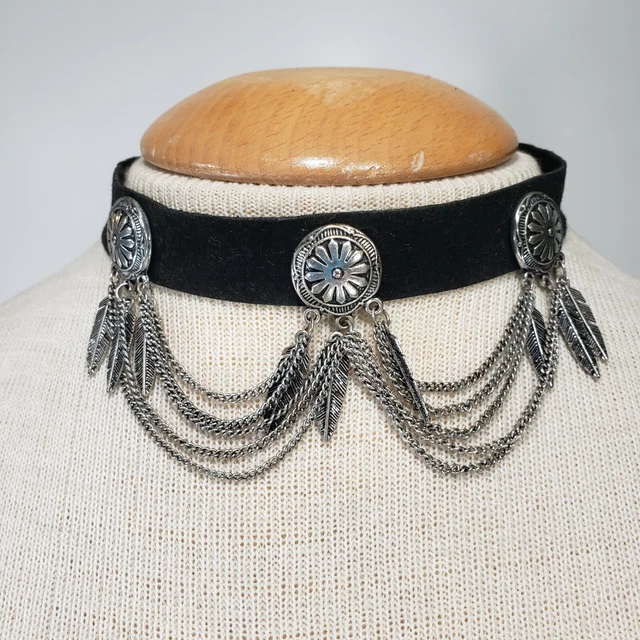Choker Necklace Southwestern Adjustable Black Chain Feather Shaped Charm