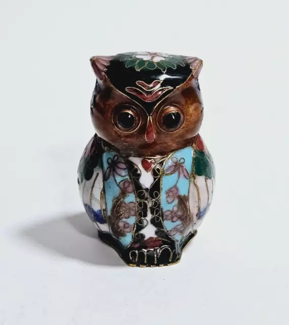 Vintage Cloisonné Owl Figurine Chinese Enamel Bird Figure Brass 2.25”