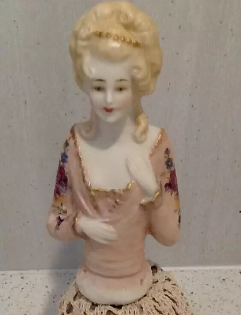 antique repro porcelain half doll "Aloise " 10cms painted in pink with decals