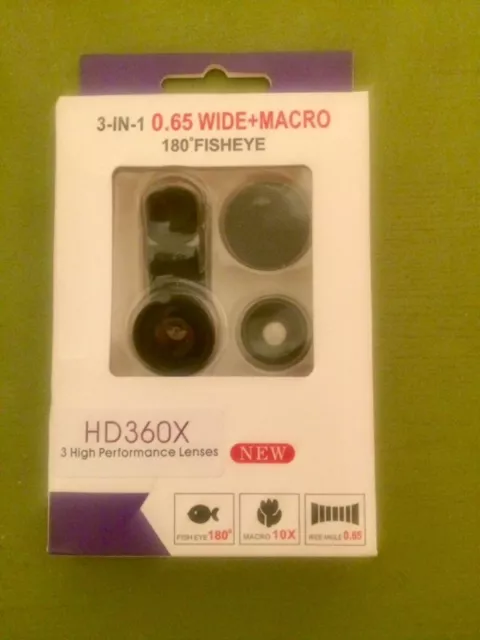 Cell Phone Clip-on HD360X 3-in-1 0.65 Wide + Macro - 180 Fisheye Lens Kit