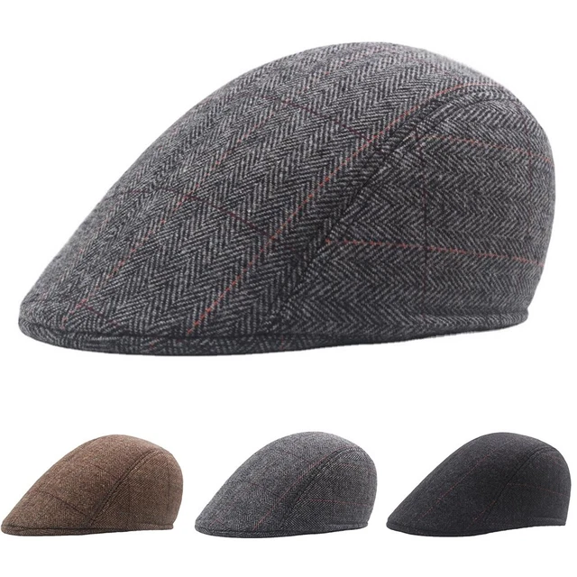 Stylish Men's Flat Cap Classic Tweed Baker Boy Hat with Herringbone Design