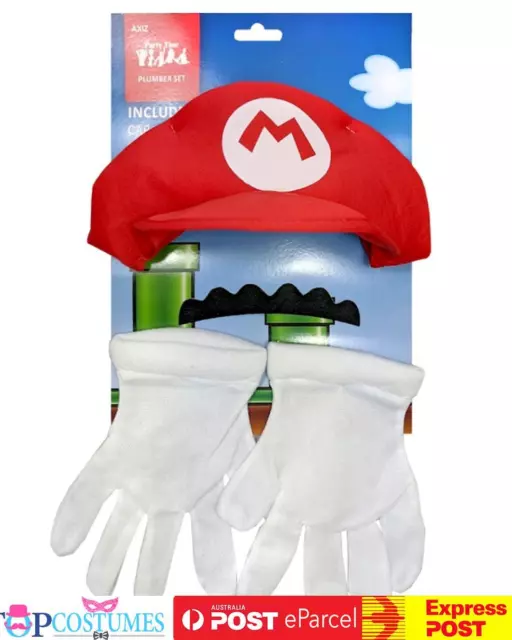 Video Game Guy Red Mario Hat Moustache Gloves Mens Costume Accessory Kit