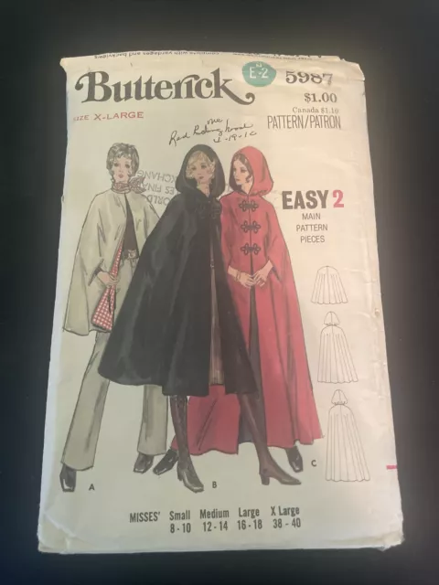 Butterick Sewing Pattern Cape XL Miss Precut 5987 Loose Fitting Three Lengths