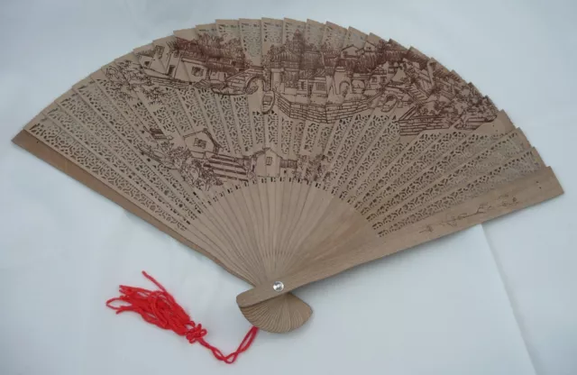 Chinese Asian 9" Folding Hand Fan Souvenir Brown Village with Box