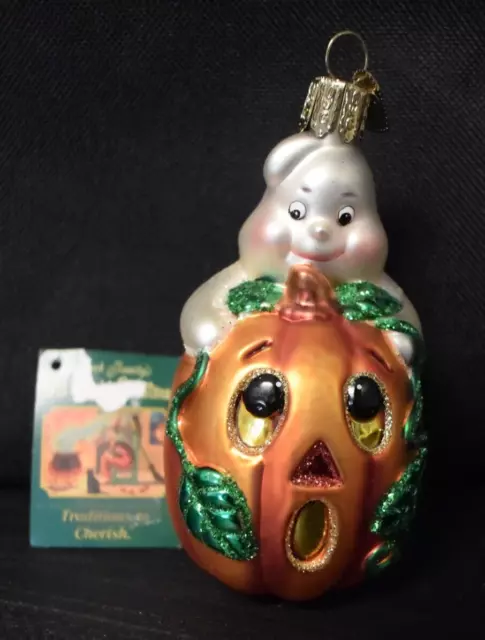 Old World Christmas OWC Halloween Ghost Pumpkin Blown Glass Ornament