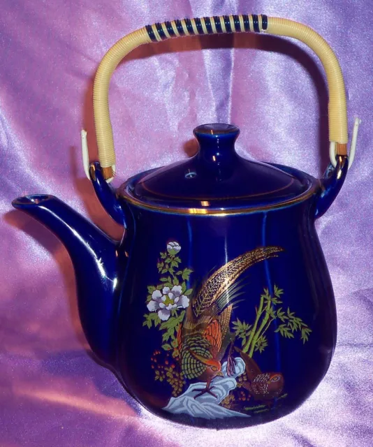 Vintage Taiwan Asia Ceramic Blue Gold Peacock Bird Tea Pot ~ Estate Collectable