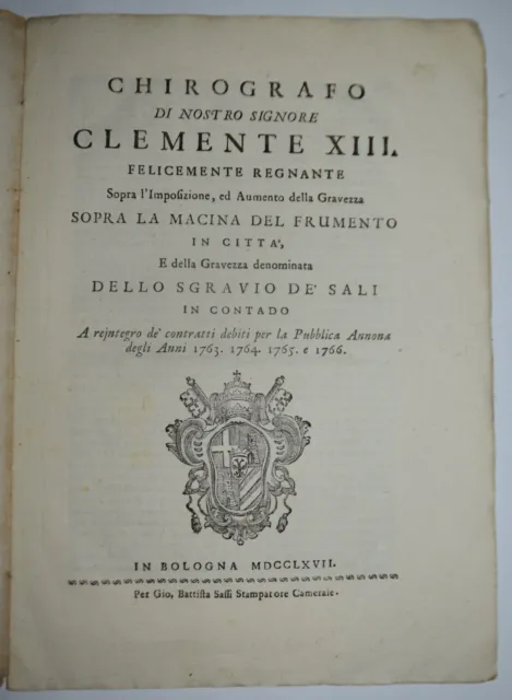 MACINA DEL FRUMENTO - ediz. 1767 - Bologna - Chirografo - raro - CLEMENTE XIII