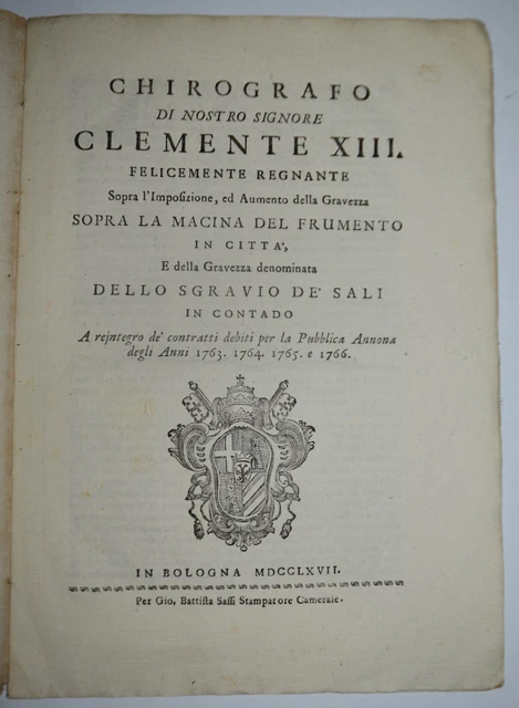 MACINA DEL FRUMENTO - ediz. 1767 - Bologna - Chirografo - raro - CLEMENTE XIII