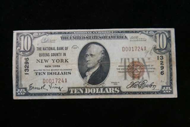 Series 1929 U.s. $10 Ten Dollar National Currency Note Queens County New York