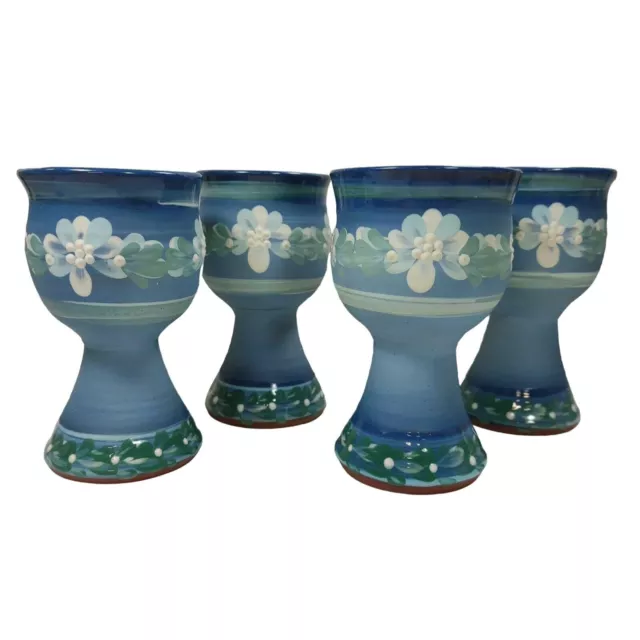 Earthenware Clay Goblet Mugs Painted Blue Daisy Floral VTG Handmade Art Pottery