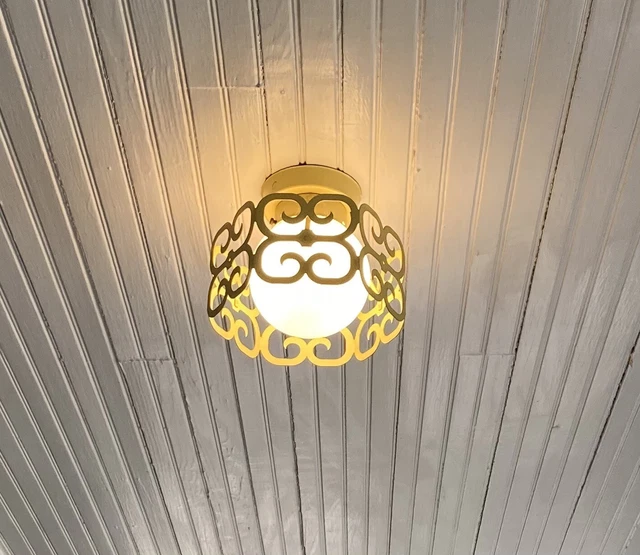 Mid Century Arthur Umanoff Yellow Metal Scroll Ceiling Mount Light Fixture MCM