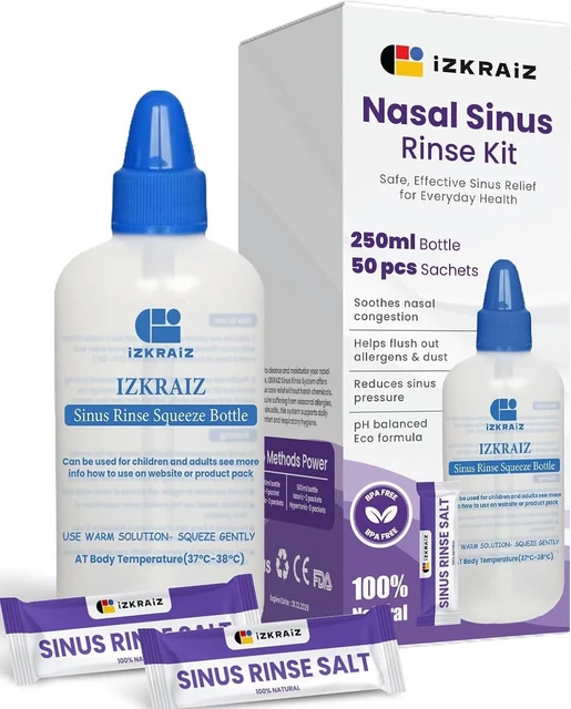 Sinus Rinse Battery NASAL RINSE KIT 250ml Squeeze Bottle + 50 Salt Packets Sinus Cleanser ...