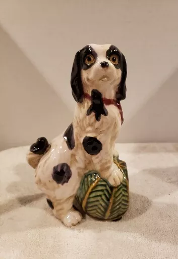 Vintage Staffordshire Style Spaniel Dog On Ball Black & White Ceramic Figurine
